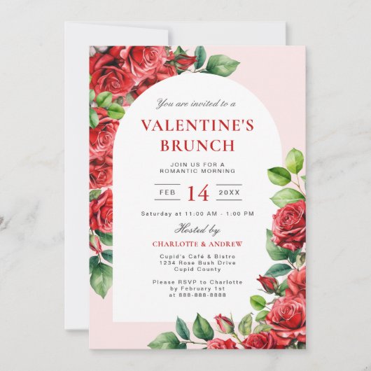 Elegante Valentinstag-Brunch-Rote Rosen Einladung (Vorderseite)