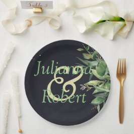 Elegante Vegetation auf schwarzen Tellern Pappteller