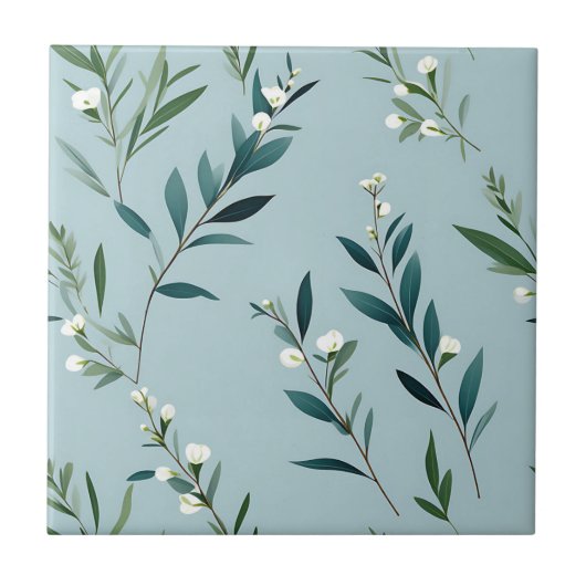Elegante Vegetation auf Soft Dusty Blue Fliese (Vorderseite)