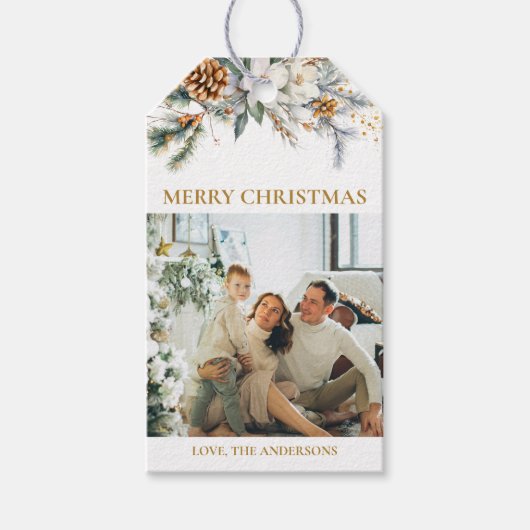 Elegante Vegetation & Foto | Mustard Gold Christma Geschenkanhänger (Vorderseite)