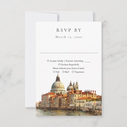 Elegante Venedig-Skyline-Aquarell-Hochzeit RSVP Karte (Vorderseite)