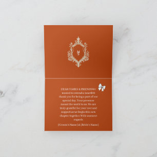Elegante verbrannte Orange Monogramm-Wappen Hochze Dankeskarte