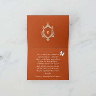 Elegante verbrannte Orange Monogramm-Wappen Hochze Dankeskarte