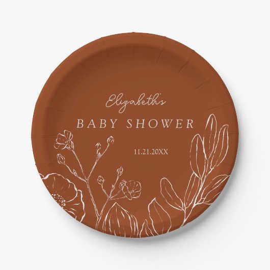 Elegante verbrannte orangefarbene botanische Blätt Pappteller (Vorderseite)