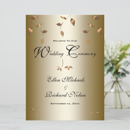 Elegante, vergoldete Blätter Hochzeit Programm (Stehend Vorderseite)