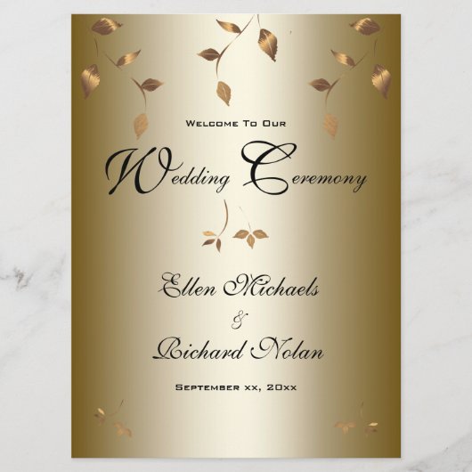 Elegante, vergoldete Blätter Hochzeit Programm (Vorderseite)