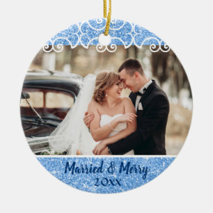 Elegante Verheiratet & Merry 2 Foto Blue Glitzer F Keramik Ornament