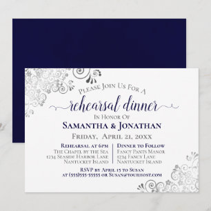 Elegante, verspielte, navyblaue Hochzeitsprobe-Din Einladung