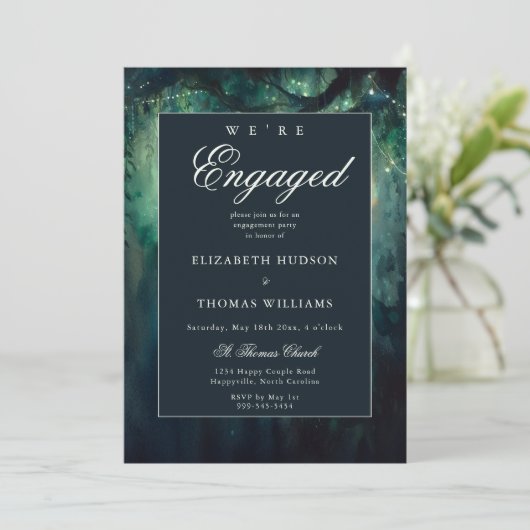 Elegante Verzauberte Forest Emerald Engagement Par Einladung (Stehend Vorderseite)