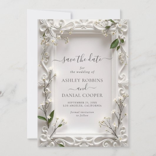 Elegante Verzierte Blumengrün-Blätter Save the Dat Einladung (Vorderseite)