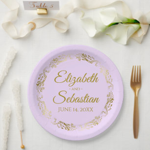 Elegante Verzierte Border Lilac Lila & Gold Hochze Pappteller
