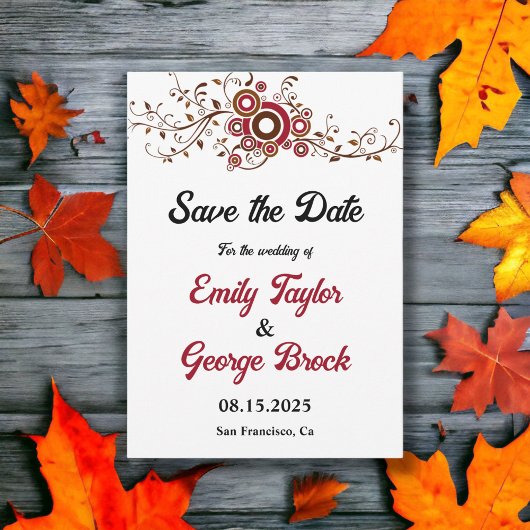Elegante Verzierte Burgund-Blätter fallen blutige  Save The Date