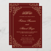 Elegante Verzierte Burgund-Gold-Script-Hochzeit Einladung (Vorne/Hinten)