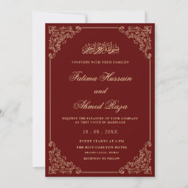 Elegante Verzierte Burgund-Gold-Script-Hochzeit Einladung