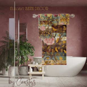 Elegante Verzierte Florals mit Aquamarin, braun, E Badhandtuch Set