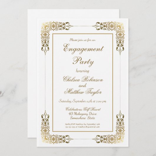 Elegante Verzierte Gold Lace Engagement Party Einladung (Vorne/Hinten)