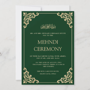 Elegante verzierte grüne Gold-Henna-Mehndi-Zeremon Einladung
