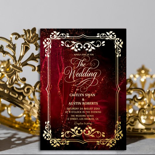 Elegante Verzierte Hochzeit in Rot und Gold Folieneinladung