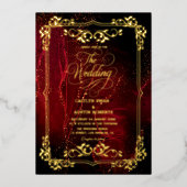 Elegante Verzierte Hochzeit in Rot und Gold Folieneinladung (Vorderseite)