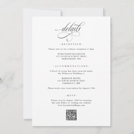 Elegante Verzierte Schwarz-Weiß-Hochzeit Einladung (Rückseite)