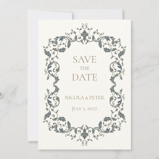 Elegante, verzierte Scroll-Design-Save-the-Date-Ka (Vorderseite)