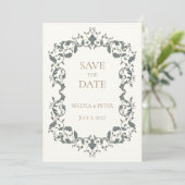 Elegante, verzierte Scroll-Design-Save-the-Date-Ka (Stehend Vorderseite)