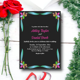 Elegante Verzierte Shiny Black Modern Floral Weddi Einladung