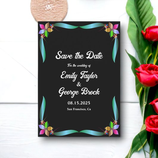 Elegante Verzierte Shiny Black Modern Floral Weddi Save The Date