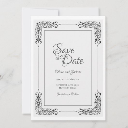 Elegante Verzierte Silver Gray Lace Border Wedding Save The Date (Vorderseite)