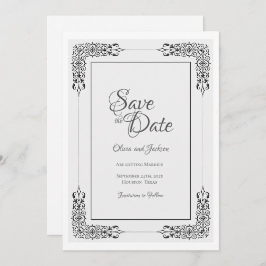 Elegante Verzierte Silver Gray Lace Border Wedding Save The Date (Vorne/Hinten)