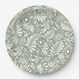 Elegante Verzierte Swirl Sage Green Floral Wedding Pappteller