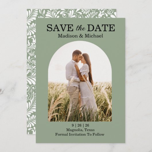Elegante Verzierte Swirl Sage Green Floral Wedding Save The Date (Vorne/Hinten)