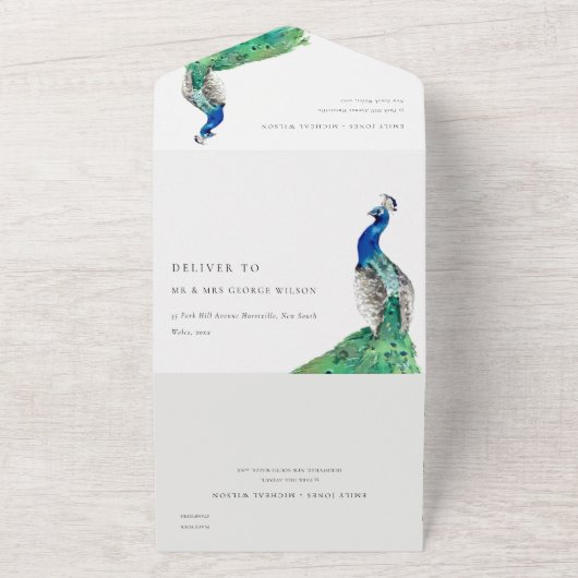 Elegante Verzierte Wasserfarbenpfauenhochzeit All In One Einladung (Außenbereich)