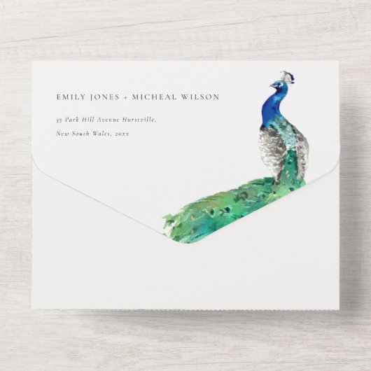 Elegante Verzierte Wasserfarbenpfauenhochzeit All In One Einladung (Rückseite)
