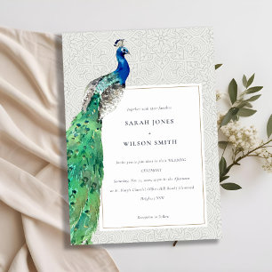 Elegante Verzierte Wasserfarbenpfauenhochzeit Einladung