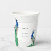 Elegante Verzierte Wasserfarbenpfauenhochzeit Pappbecher (Vorderseite)