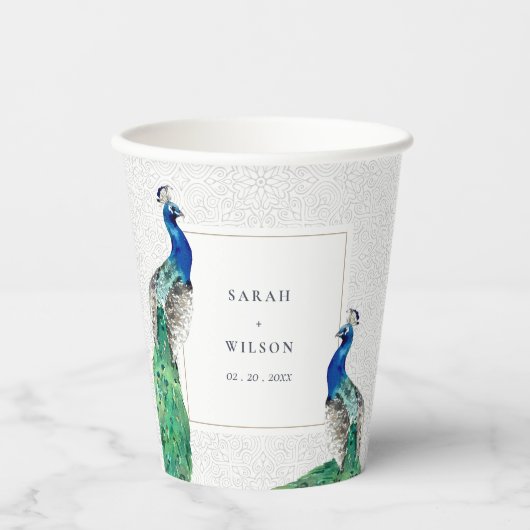 Elegante Verzierte Wasserfarbenpfauenhochzeit Pappbecher (Vorderseite)