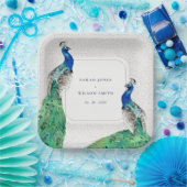 Elegante Verzierte Wasserfarbenpfauenhochzeit Pappteller (Party)
