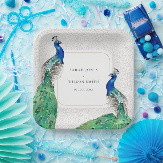 Elegante Verzierte Wasserfarbenpfauenhochzeit Pappteller (Party)