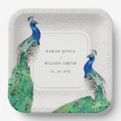 Elegante Verzierte Wasserfarbenpfauenhochzeit Pappteller (Vorderseite)