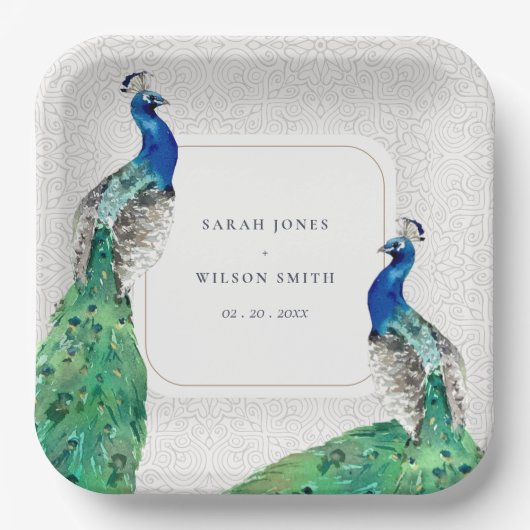 Elegante Verzierte Wasserfarbenpfauenhochzeit Pappteller (Vorderseite)