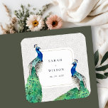 Elegante Verzierte Wasserfarbenpfauenhochzeit Quadratischer Aufkleber<br><div class="desc">Die Verzierte Pfauenkollektion ist eine elegante Aquarellfarben-Illustration aus farbenfrohen,  hellen Pfauen mit verziertem Rahmen. Ideal für Ihre moderne Hochzeit & Partys. Es ist sehr einfach,  mit Ihren persönlichen Daten zu personalisieren. Wenn Sie ein anderes passendes Produkt oder eine Anpassung benötigen,  wenden Sie sich bitte per E-Mail an Zazzle.</div>