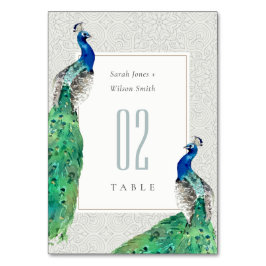 Elegante Verzierte Wasserfarbenpfauenhochzeit Tischnummer