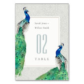 Elegante Verzierte Wasserfarbenpfauenhochzeit Tischnummer (Vorderseite)