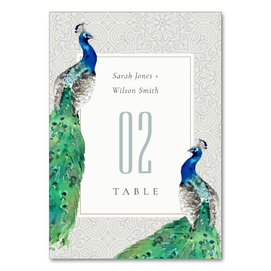 Elegante Verzierte Wasserfarbenpfauenhochzeit Tischnummer (Vorderseite)