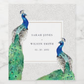 Elegante Verzierte Wasserfarbenpfauenhochzeit Weinetikett (Einzelnes Label)