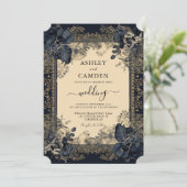 Elegante Victorian Dark Blue Gold Wedding Einladung (Stehend Vorderseite)