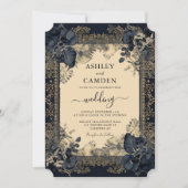Elegante Victorian Dark Blue Gold Wedding Einladung (Vorderseite)