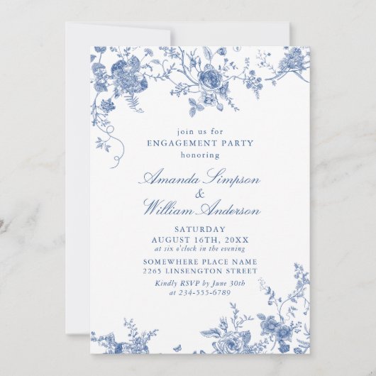 Elegante Viktorianisch Blue Floral ENGAGEMENT PART Einladung (Vorderseite)
