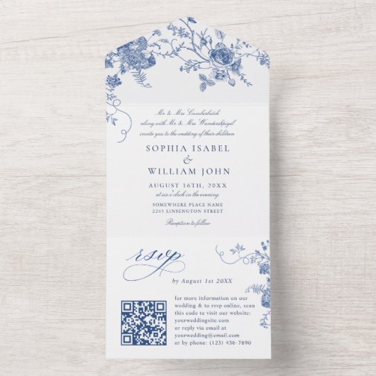 Elegante Viktorianisch Blue French Floral Wedding All In One Einladung (Innen Boden)